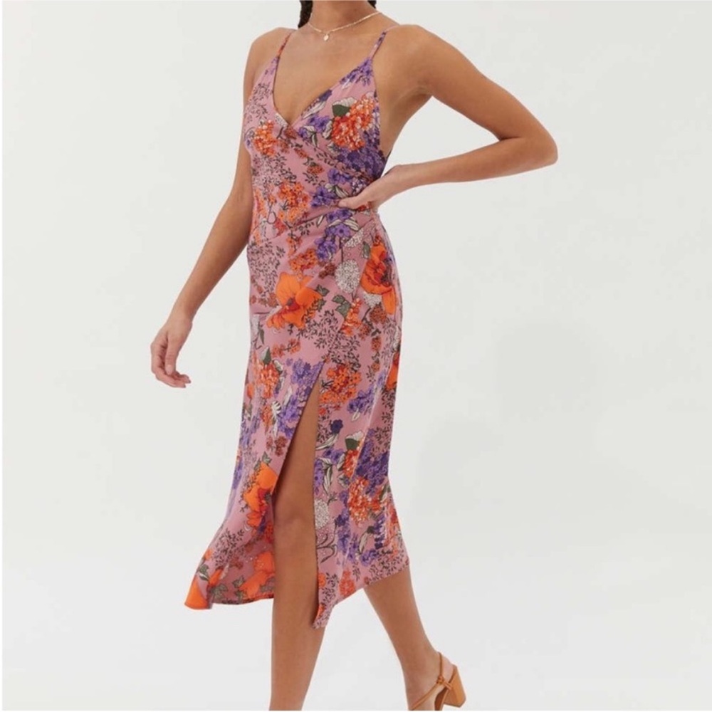 Urban Outfitters UO Lily Satin Wrap Floral Midi Dress